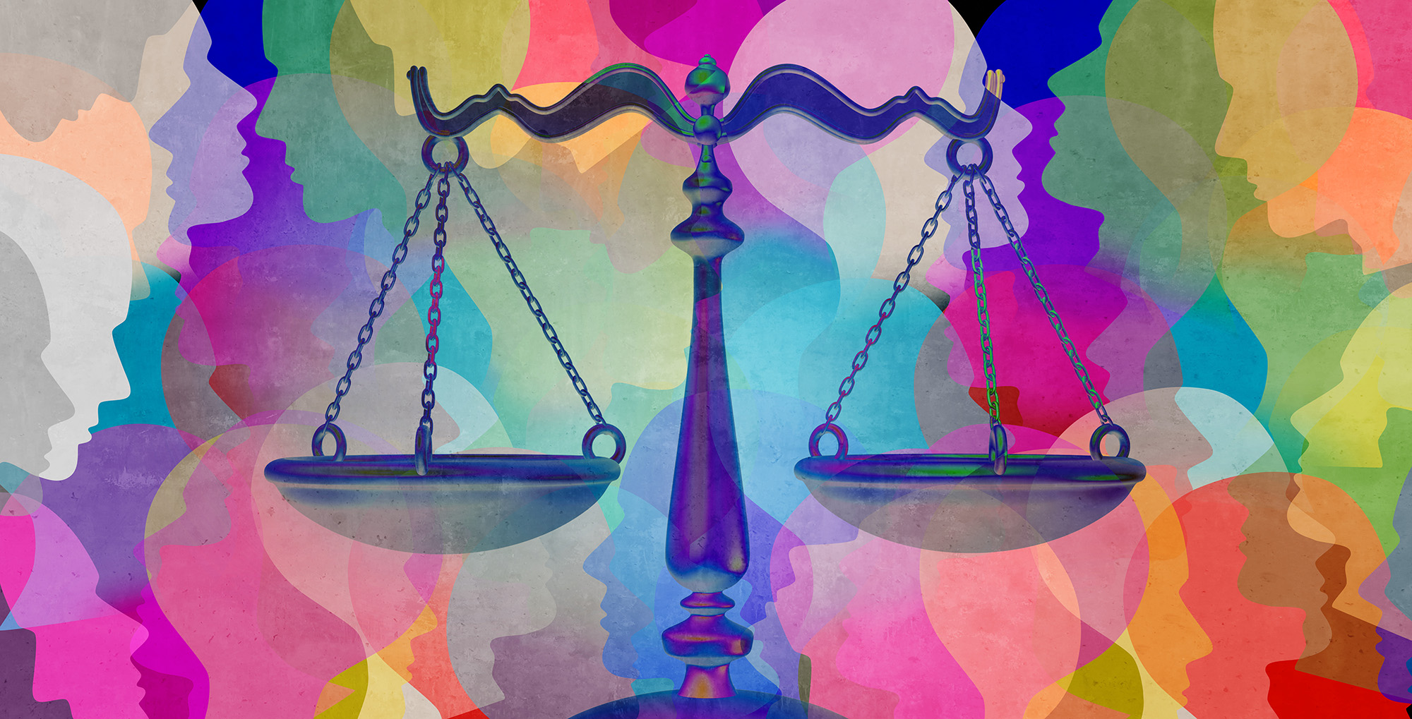 Social justice together as a crowd of diverse people with a law symbol representing community legislation and equal rights or legal lawyer icon with 3D illustration elements.